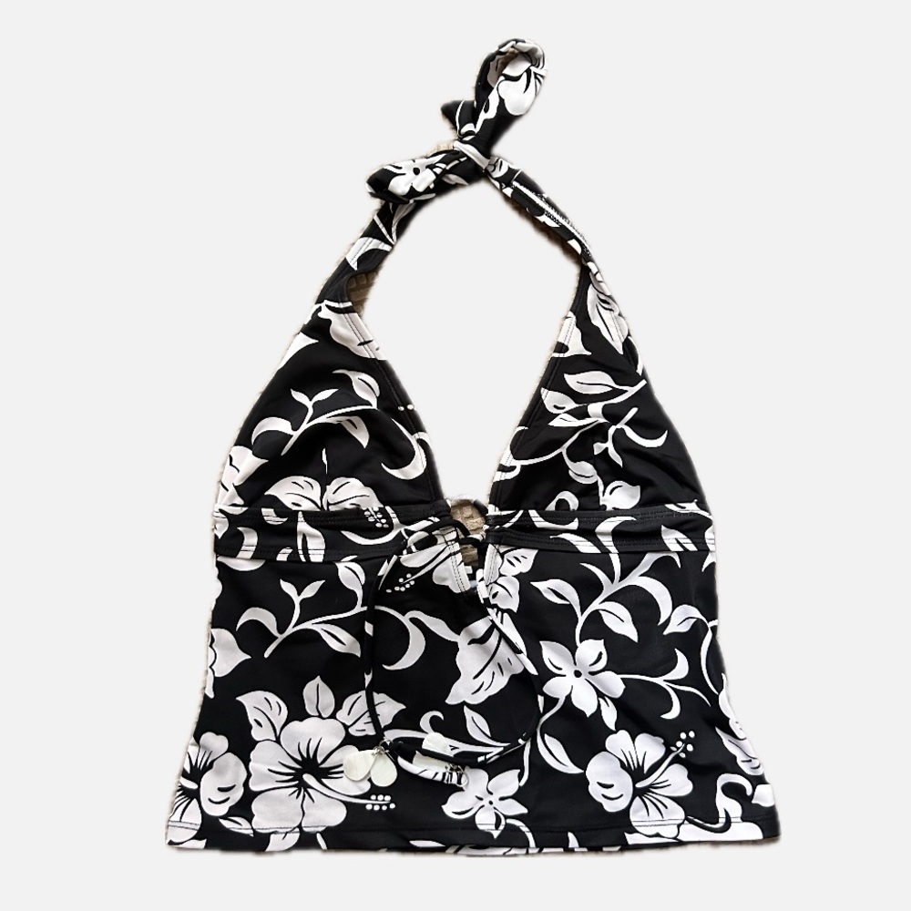 Size 6 Floral Black and White Halter Swim Top